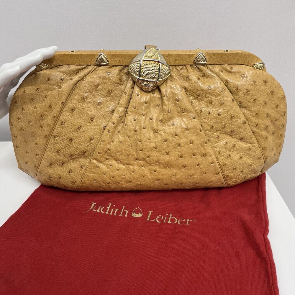 Vintage Judith Leiber Ostrich Purse Large Tan Shoulder Bag Or Clutch Art To Wear